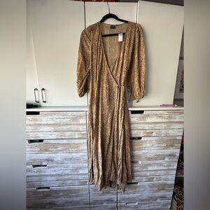 GAP Tan Leopard Print Long Sleeve Wraparound Dress